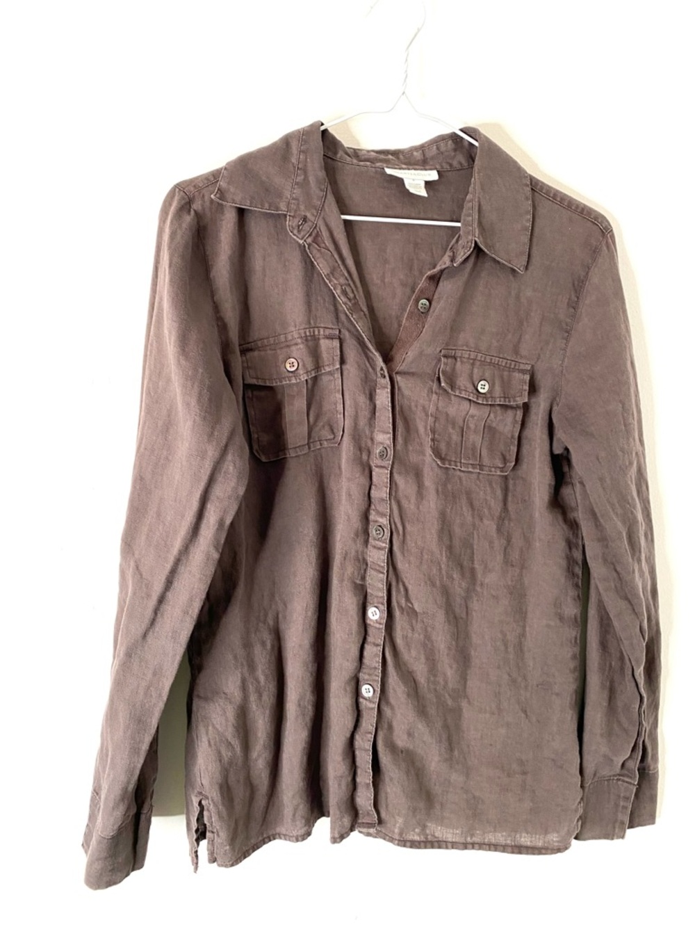 Charter Club Linen Button Down Shirt Taupe Brown Collared Convertible Sleeve